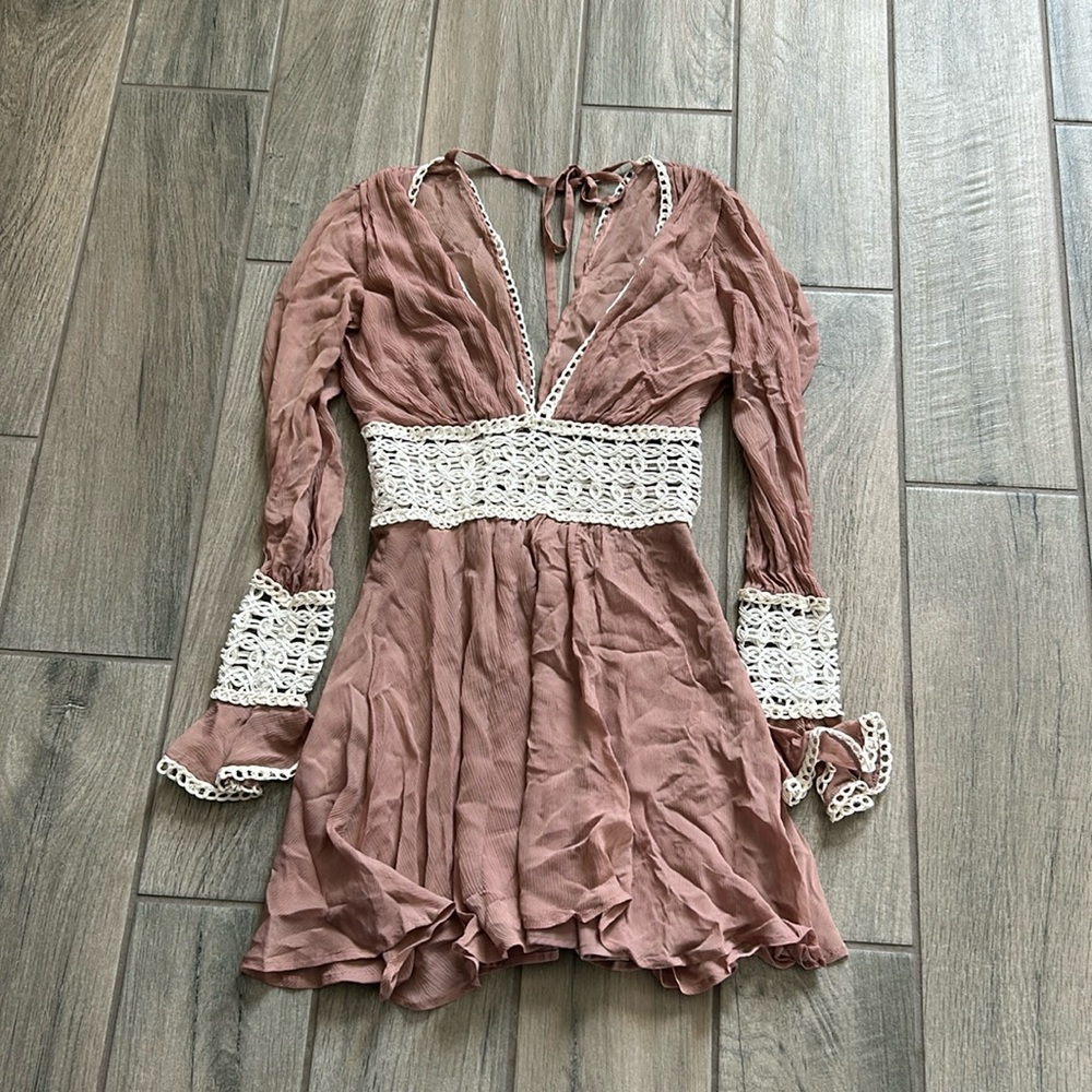 Boho Crochet-Trim Long Sleeve Dress in Dusty Rose